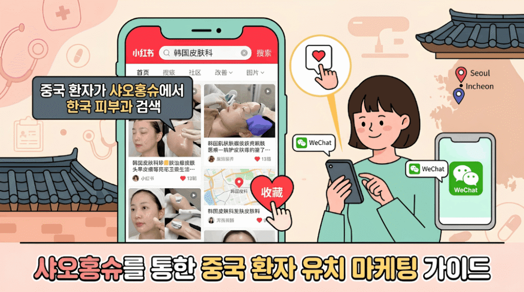 샤오홍슈에서 한국 피부과를 검색하는 중국 환자 화면 예시 — 중국 환자 유치 마케팅 가이드