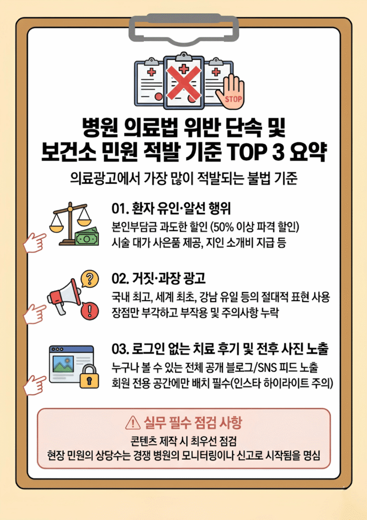 병원 의료법 위반 단속 및 보건소 민원 적발 기준 TOP 3 요약 이미지