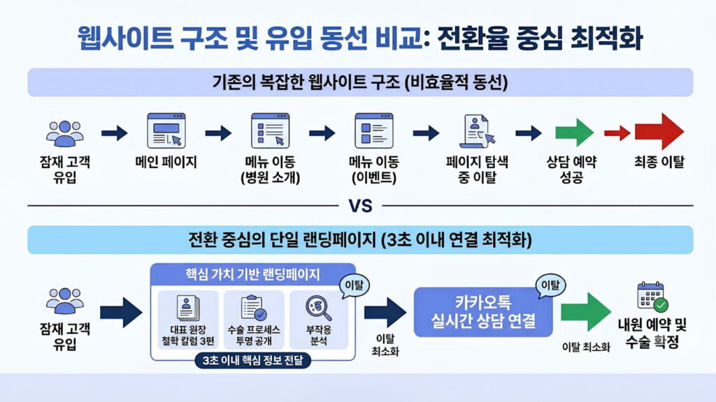 성형외과 마케팅 카카오톡 예약 전환율을 높이는 단일 랜딩페이지 설계 구조 다이어그램