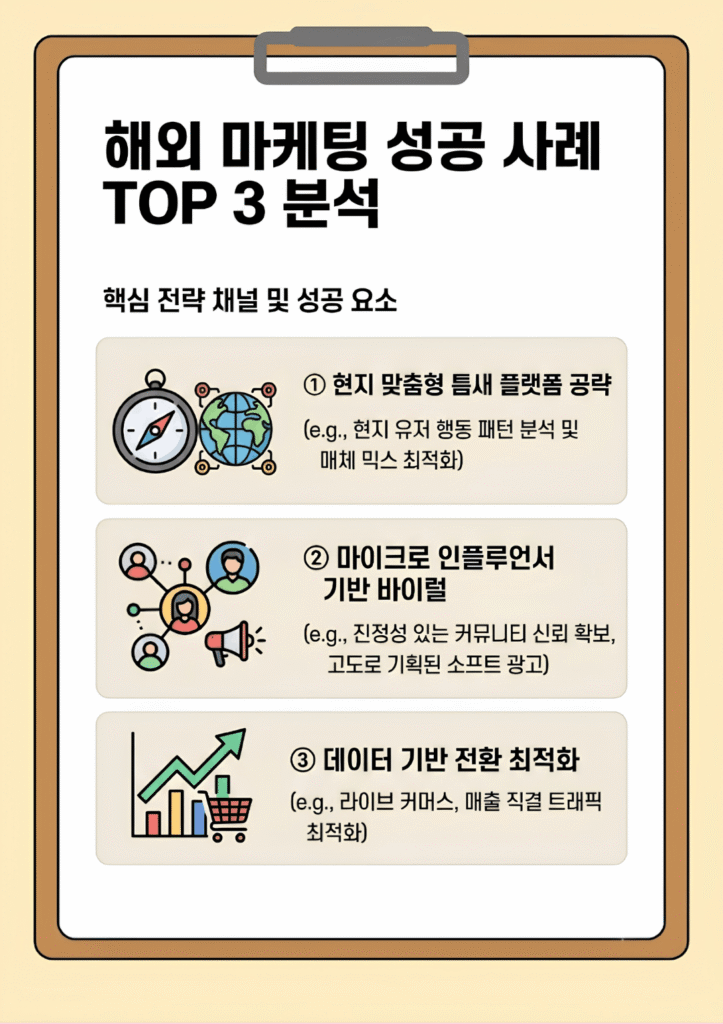 해외 마케팅 성공 기업들의 3대 전략 채널 및 핵심 요소 인포그래픽