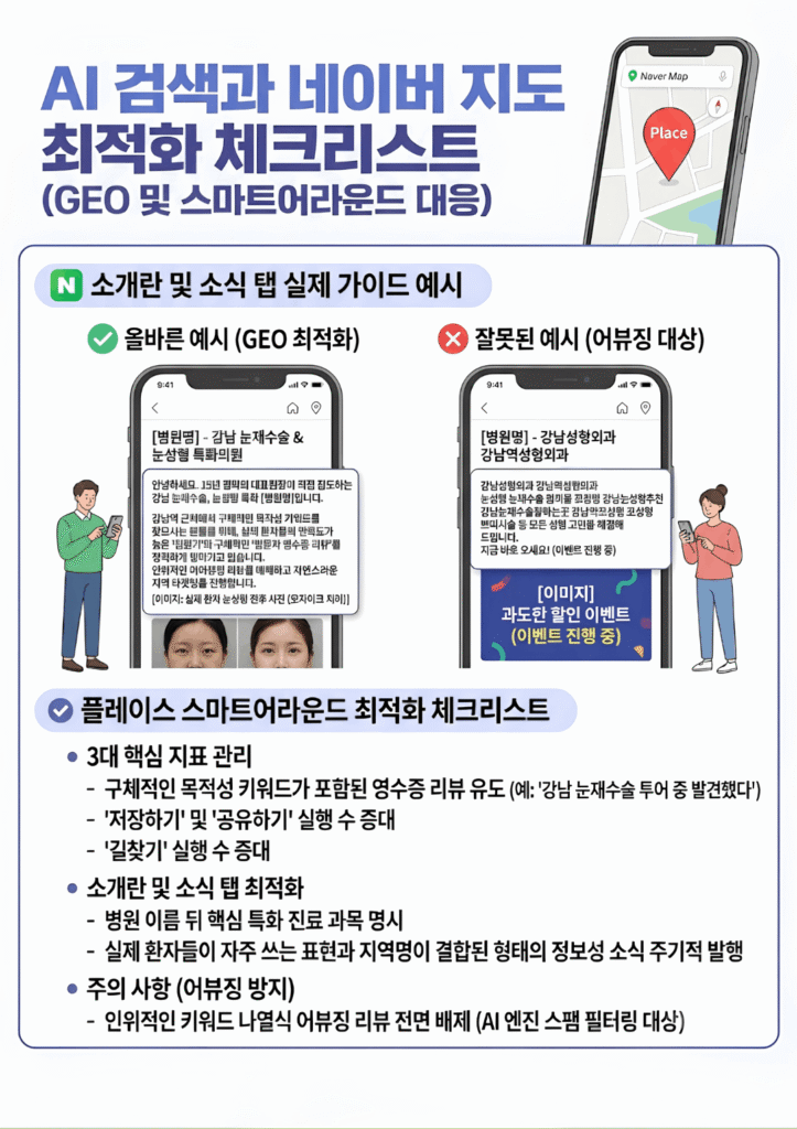 네이버 플레이스 스마트어라운드 최적화 및 GEO 대응을 위한 성형외과 로컬 키워드 세팅 실제 화면