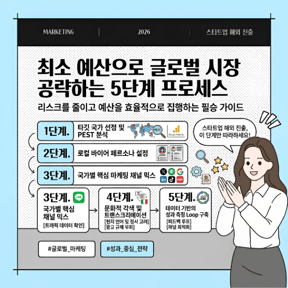 리스크를 최소화하는 스타트업 글로벌 마케팅 구축 프로세스 5단계 흐름도 다이어그램