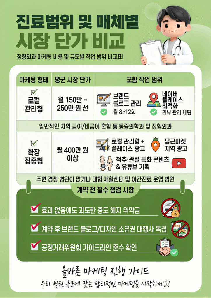 정형외과 마케팅 비용 및 규모별 작업 범위 비교표