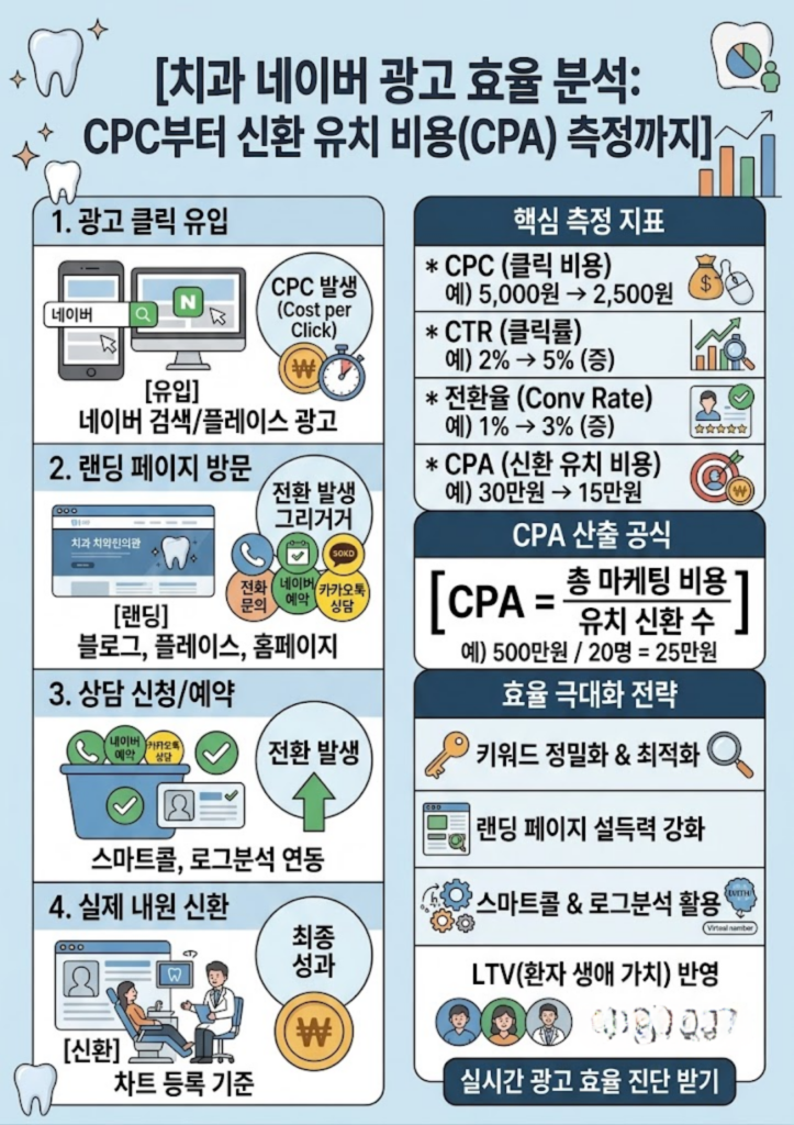 치과 네이버 광고 효율 분석 방법: 신환 유치 비용(CPA) 줄이는 4단계 가이드 인포그래픽