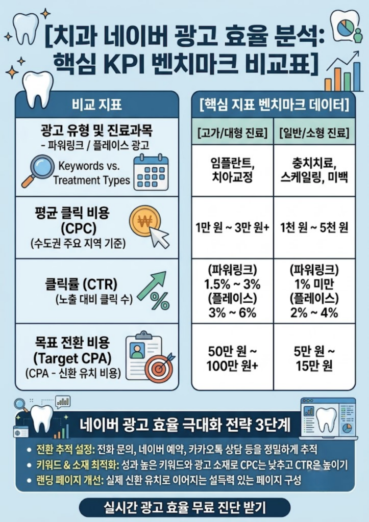 치과 진료과목별 네이버 광고 CPC CTR 목표 CPA 벤치마크 비교표