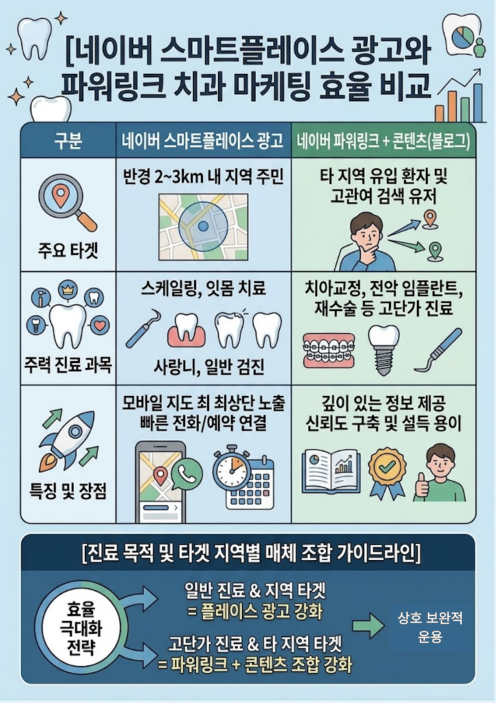 네이버 스마트플레이스 광고와 파워링크 치과 마케팅 효율 비교표