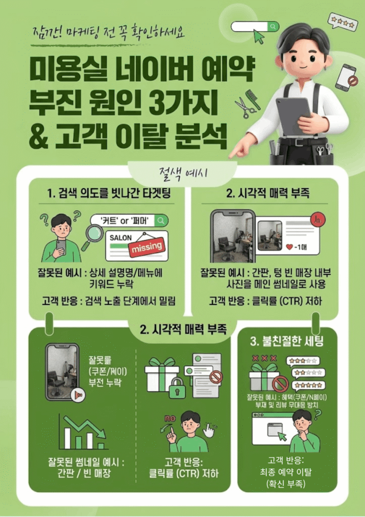 미용실 네이버 예약이 안 늘어나는 3가지 주요 원인 분석표
