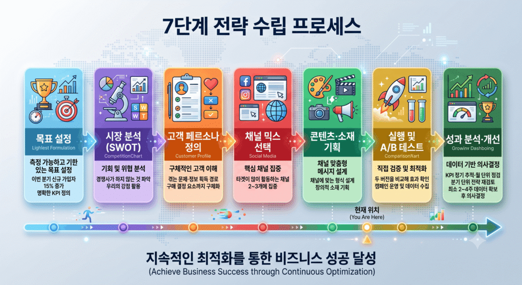 마케팅 전략 수립 7단계 프로세스 플로우차트 - 목표설정부터 성과분석까지