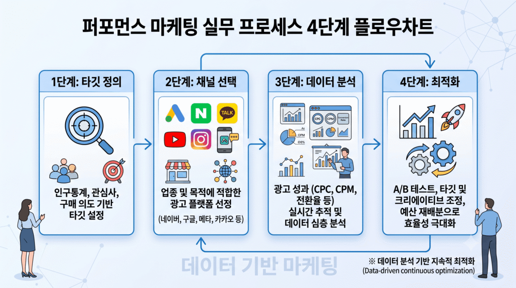 퍼포먼스 마케팅 실무 프로세스 4단계 플로우차트