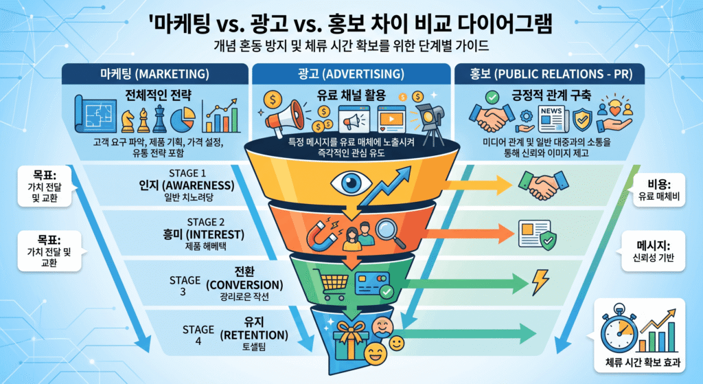 마케팅, 광고, 홍보 차이 비교 다이어그램
