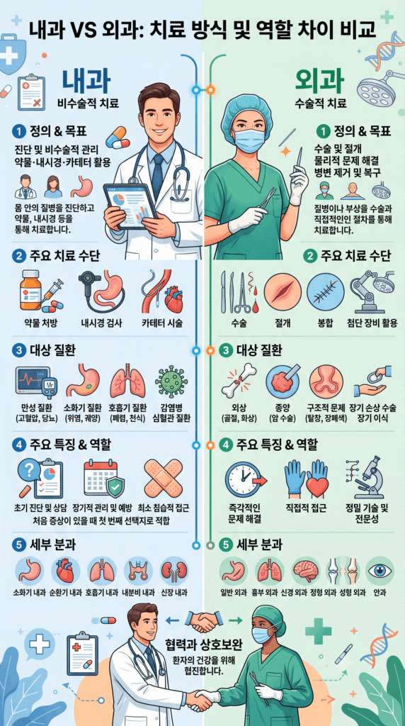 내과 외과 차이 비교 다이어그램 — 비수술 치료 vs 수술 치료