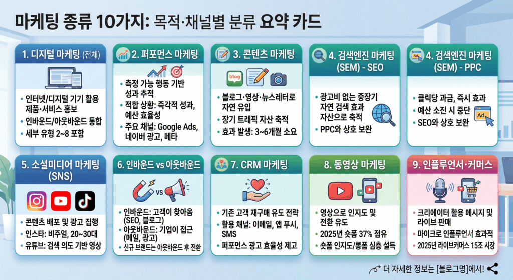 마케팅 종류 10가지 특징 적합상황 채널 비교 인포그래픽