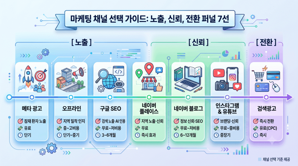 병원마케팅 채널 7가지 노출 신뢰 전환 단계별 비교 인포그래픽 2026
