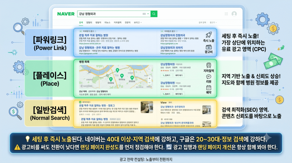 네이버 검색 결과 파워링크 플레이스 노출 위치 병원마케팅 검색광고 예시
