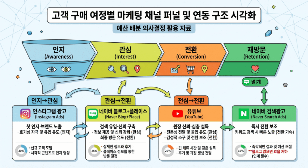 여드름치료마케팅 채널별 환자 유입 퍼널 다이어그램 네이버 인스타그램 유튜브