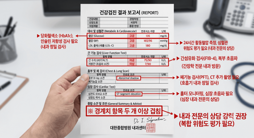 건강검진 결과지 이상 항목 확인 — 혈당 콜레스테롤 간수치 내과 추가검사