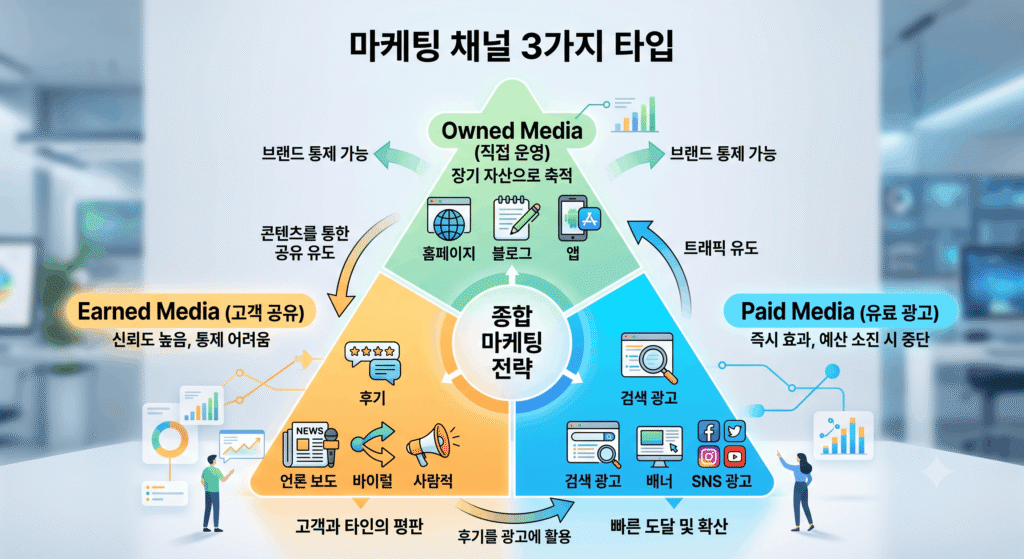 마케팅 채널 3가지 타입 Owned Earned Paid 미디어 비교 다이어그램