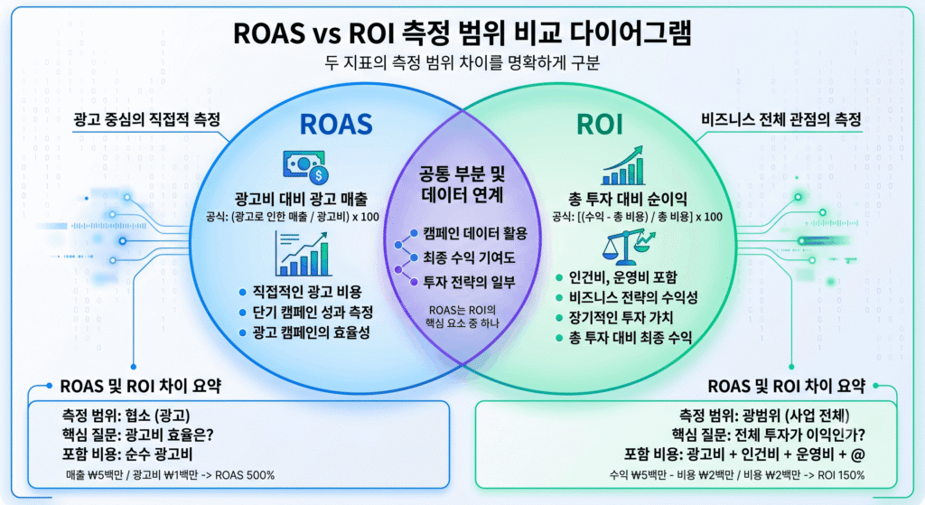 ROAS와 ROI 차이 비교 다이어그램 - 광고 수익률과 투자 수익률 측정 범위