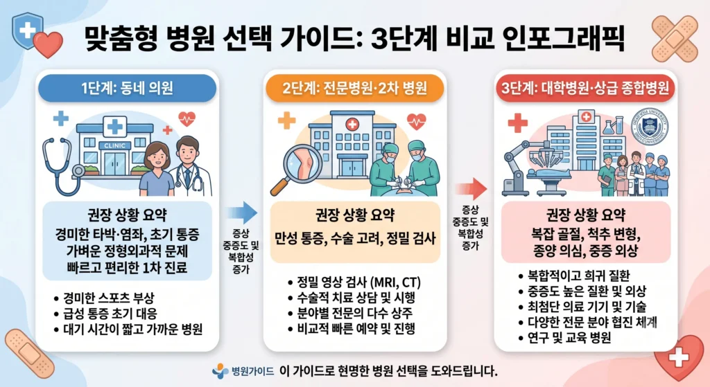 정형외과 병원 선택 기준 — 동네의원 전문병원 대학병원 차이 및 방문 기준 비교
