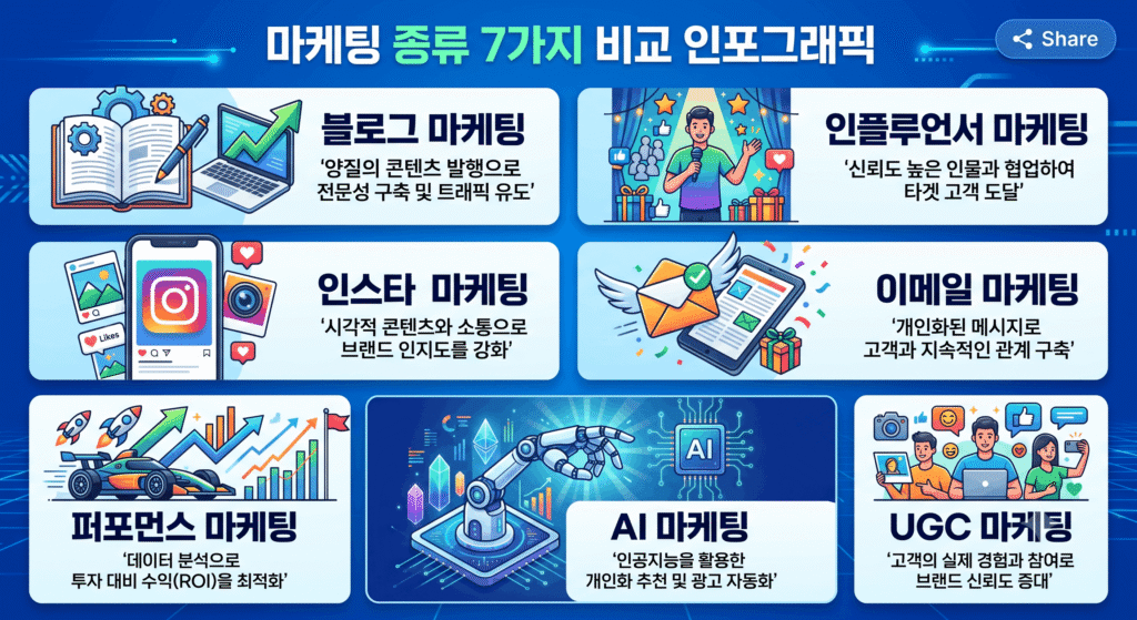 마케팅 종류 7가지 비교 인포그래픽