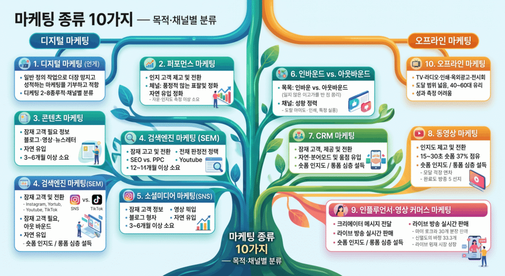 마케팅 종류 10가지 디지털 오프라인 분류 트리 인포그래픽