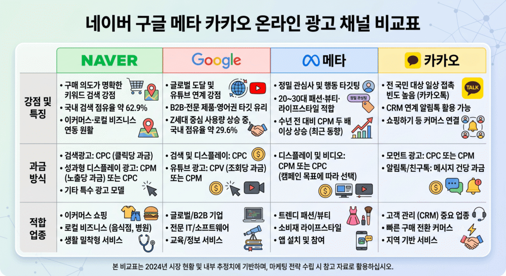 네이버 구글 메타 카카오 온라인 광고 채널 비교표