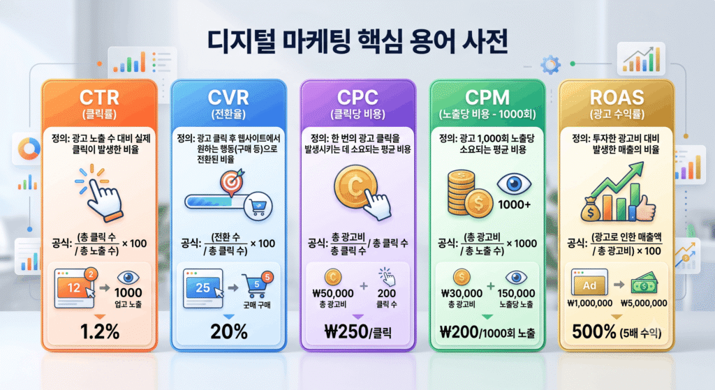 마케팅 용어 정리 카드 - CTR CVR CPC CPM ROAS 뜻과 계산 공식
