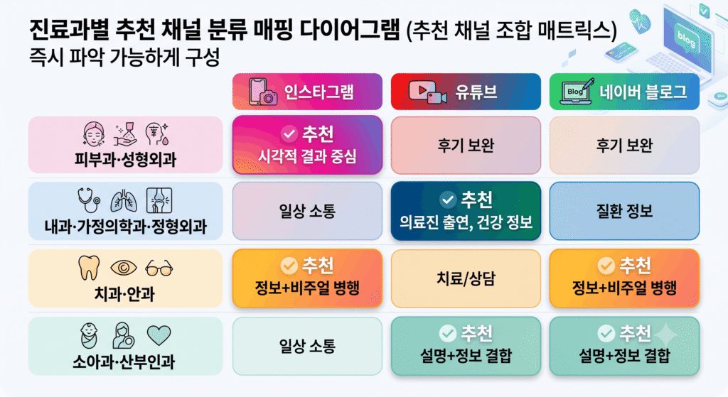 진료과별 병원마케팅 추천 채널 매핑표 피부과 치과 내과 정형외과