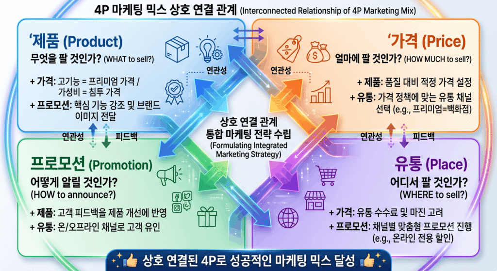 마케팅 믹스 4P 프레임워크 인포그래픽 - Product Price Place Promotion 구성 요소