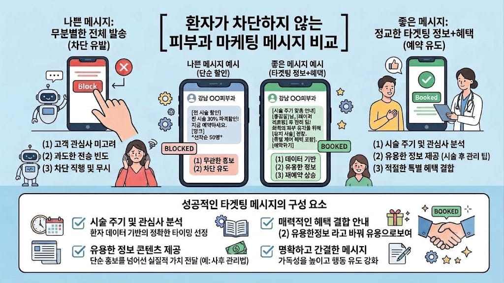 차단율을 낮추고 재방문을 유도하는 피부과 맞춤형 카카오톡 정보성 마케팅 메시지 예시 비교
