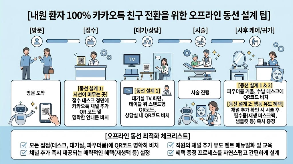 내원 환자를 카카오톡 친구로 전환하기 위한 피부과 원내 QR코드 및 혜택 안내문 최적의 비치 동선