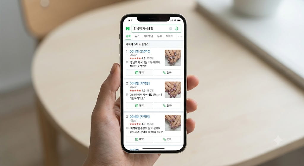 지역명과 네일 디자인 키워드로 검색된 네이버 스마트플레이스 상위 노출 결과 화면