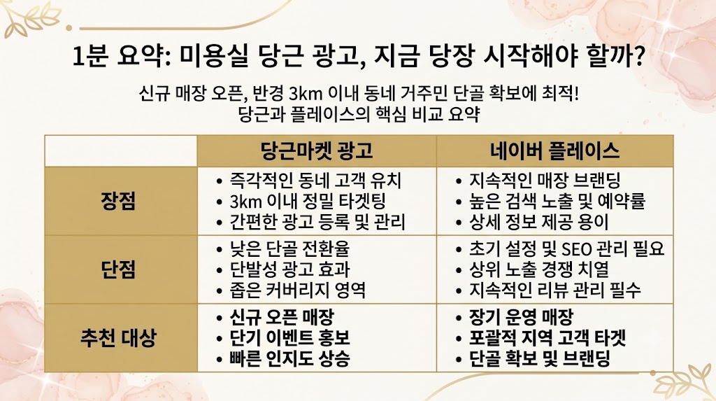 미용실 당근마켓 광고 네이버 플레이스 타겟 고객 비교 요약표