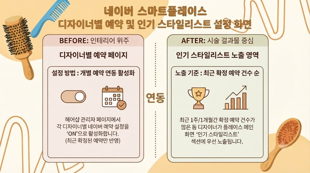 미용실 네이버 예약 늘리기 알고리즘 적용을 위한 디자이너별 예약 및 인기 스타일리스트 설정 화면