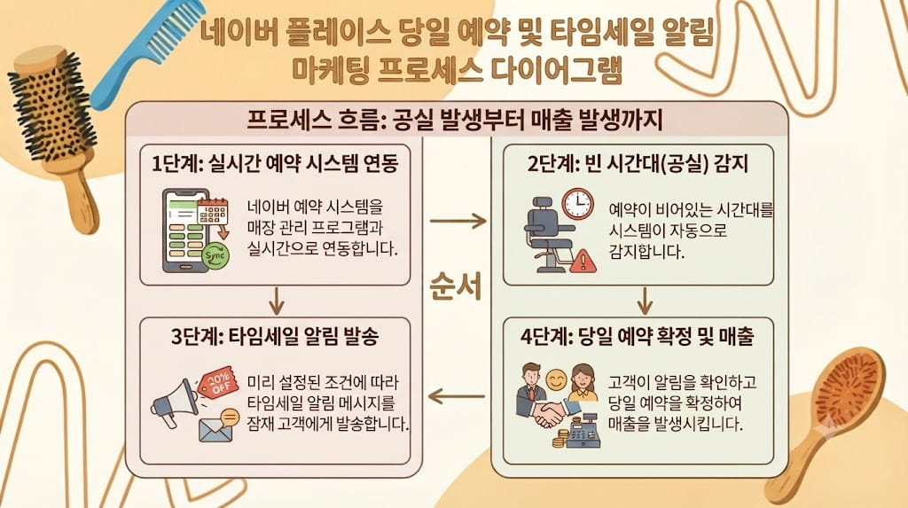 미용실 네이버 예약 늘리기 실전인 당일 예약 및 타임세일 알림 마케팅 프로세스 다이어그램