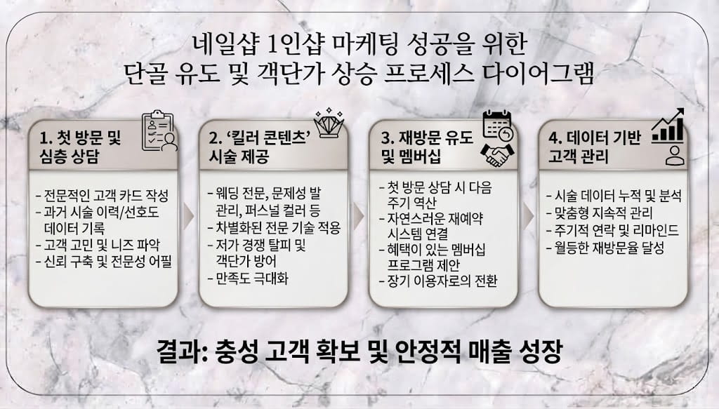 네일샵 1인샵 마케팅 성공을 위한 단골 유도 및 객단가 상승 프로세스 다이어그램