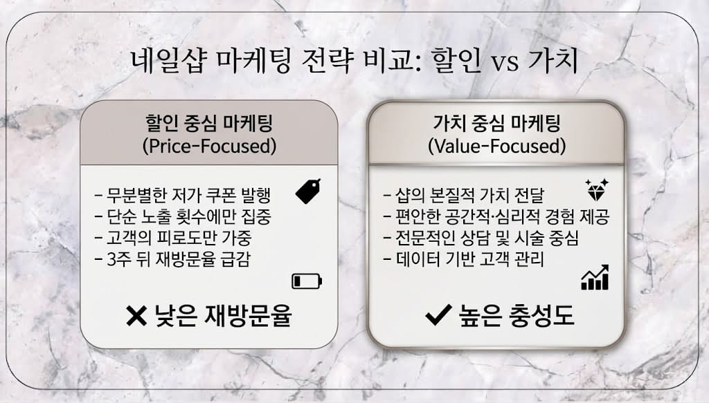 네일샵 1인샵 마케팅 성공 비교표 - 할인과 가치 중심 전략 차이