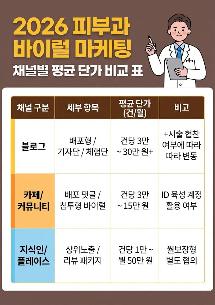 피부과 바이럴 마케팅 채널별 평균 단가 비교 표