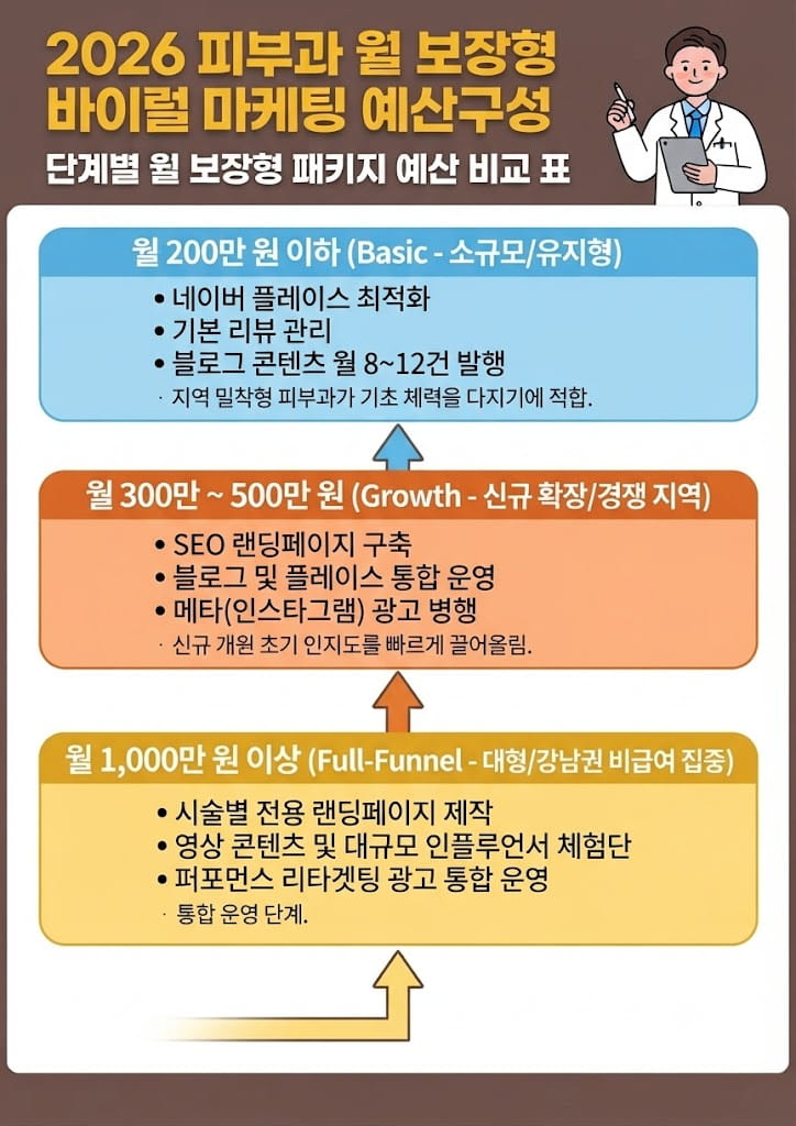 피부과 바이럴 마케팅 단가에 대한 규모별 월 보장형 마케팅 패키지 예산 구성 단계