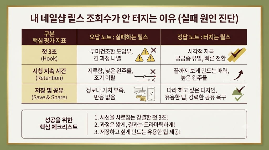인스타그램 릴스 조회수 정체 원인과 알고리즘 평가 지표 비교표