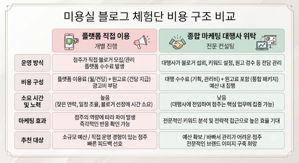 미용실 블로그 체험단 비용 구조 비교 표
