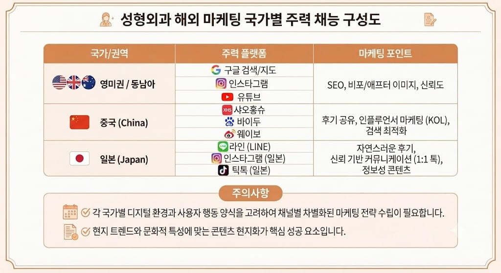 성형외과 해외 마케팅 국가별 주력 채널 구성도 구글 샤오홍슈 라인