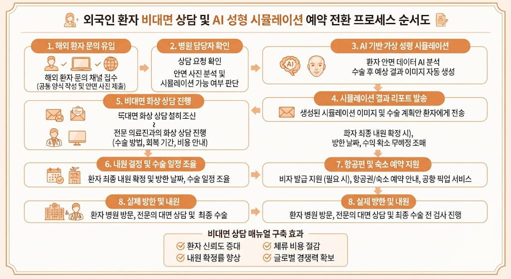 외국인 환자 비대면 상담 및 AI 성형 시뮬레이션 예약 전환 프로세스 순서도