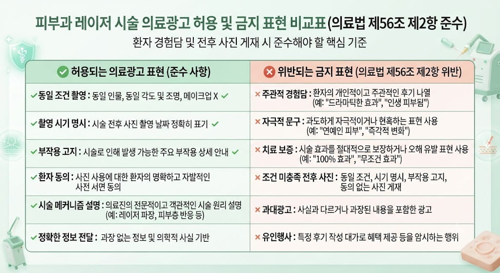 피부과 의료광고 허용 및 금지 표현 비교표