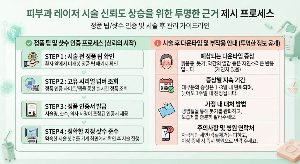피부과 레이저 정품 팁 인증 및 다운타임 안내 가이드 화면